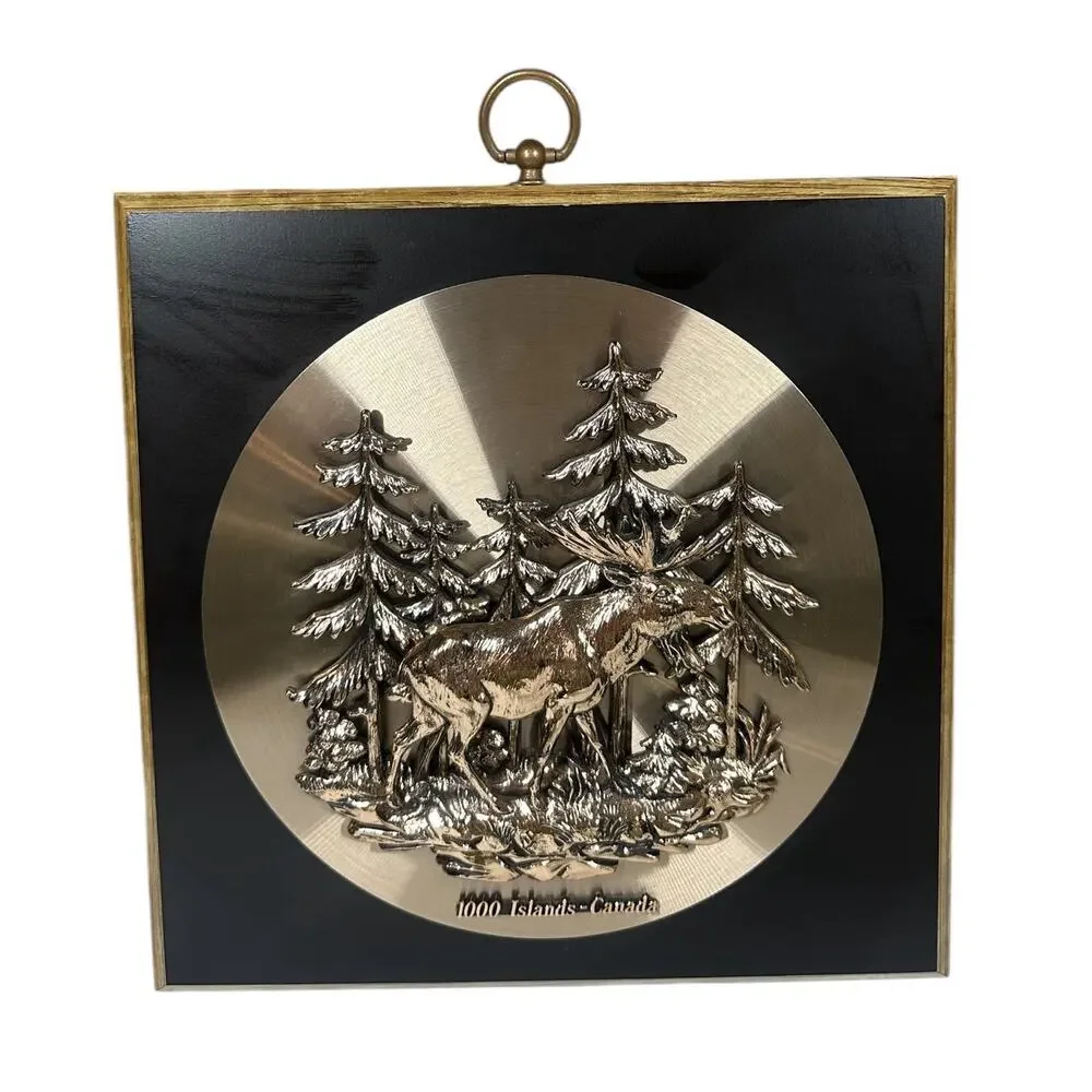 Vtg 3D Moose Trees Wall Plaque Wood Copper‎ A&F 1000 Islands Canada Cabin Decor